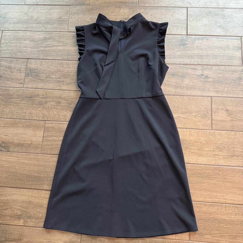 Maggy London Gray Sheath Dress with Flutter Sleeves and Mandarin Collar